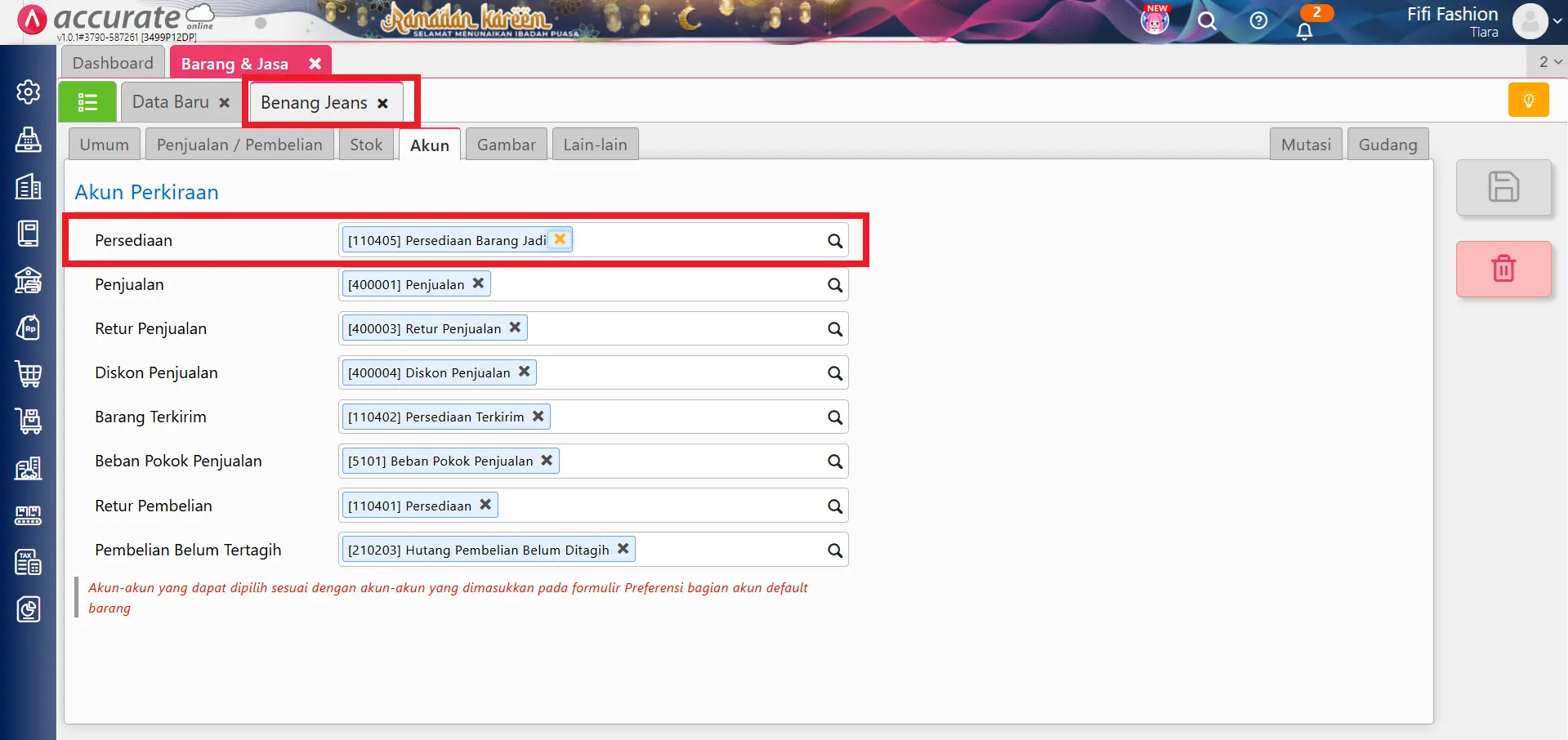 error akun saat pengambilan bahan baku