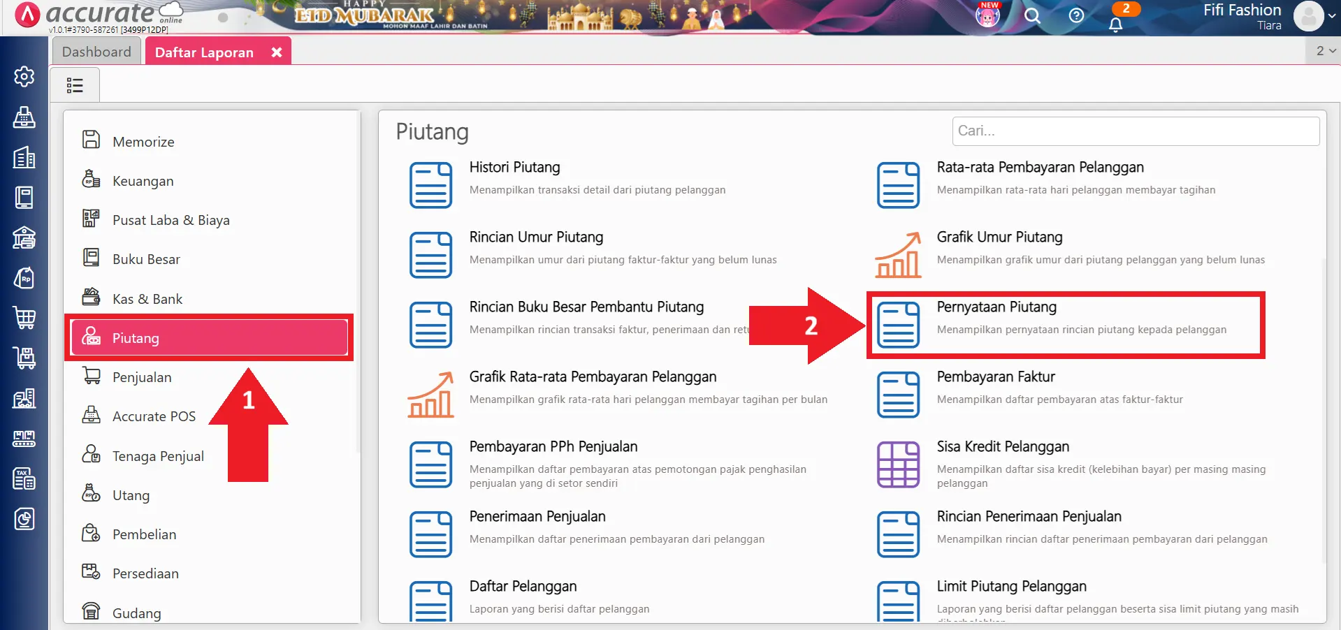 menampilkan laporan rincian piutang kepada pelanggan
