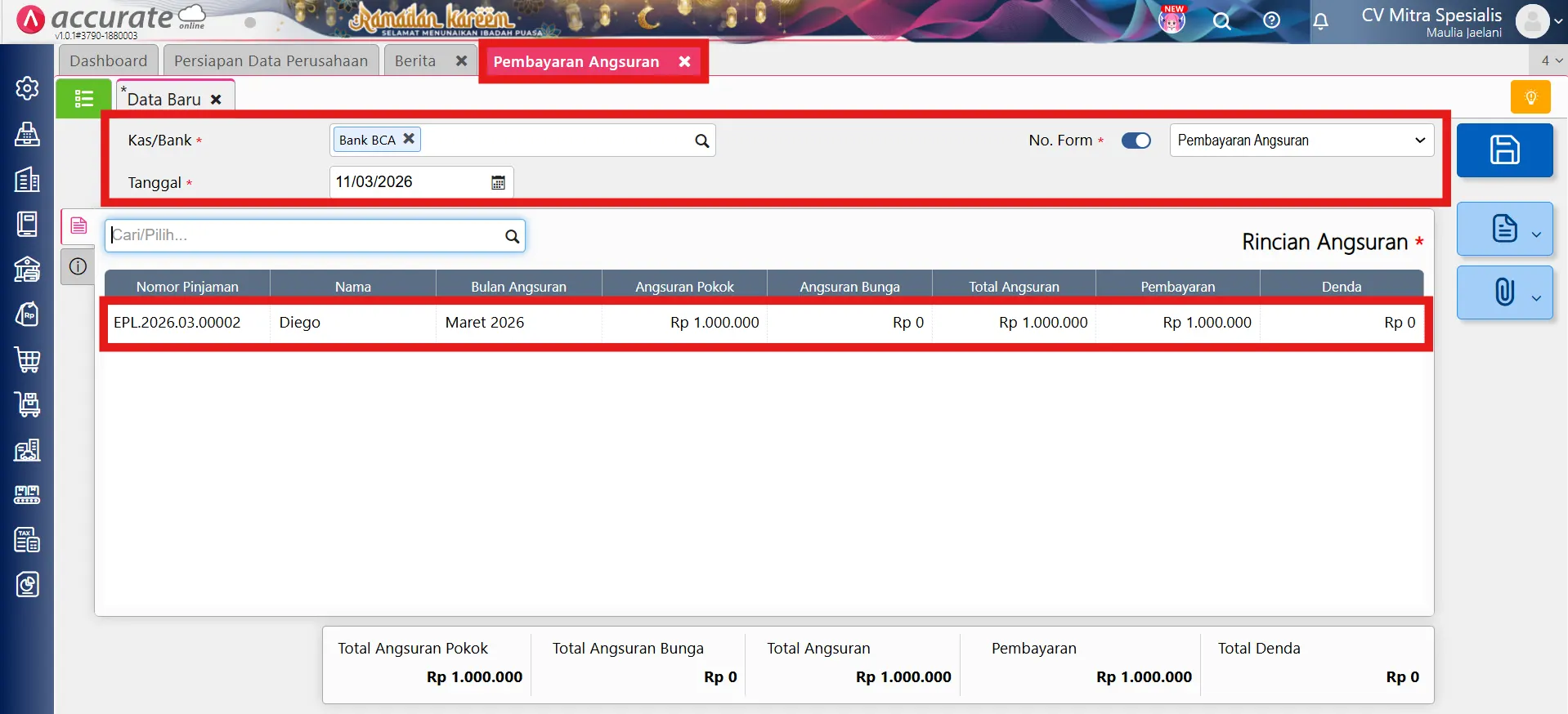 mencatat pembayaran angsuran pinjaman karyawan