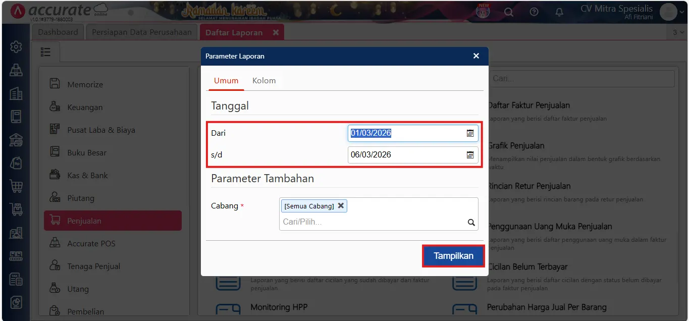 Menampilkan piutang penjualan per departemen