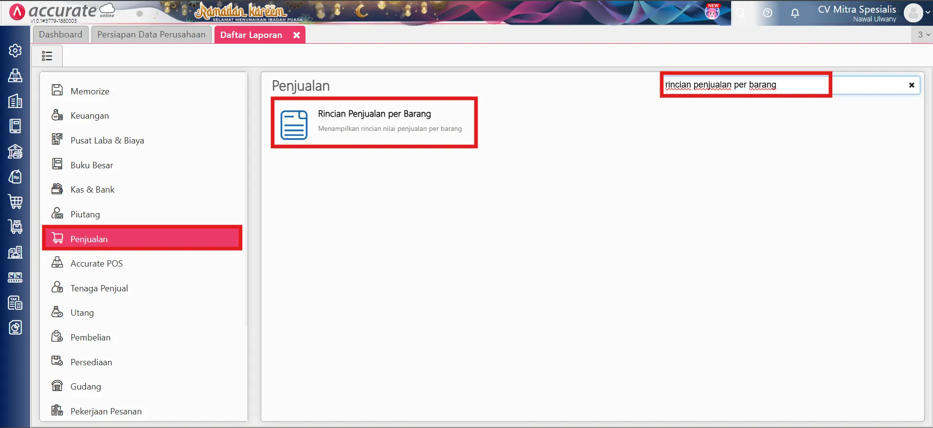Menampilkan piutang penjualan per departemen