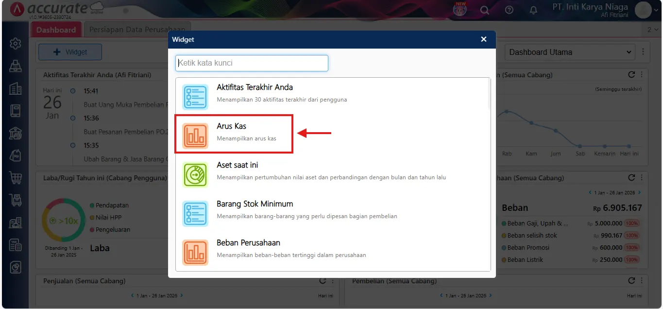 menampilkan widget arus kas