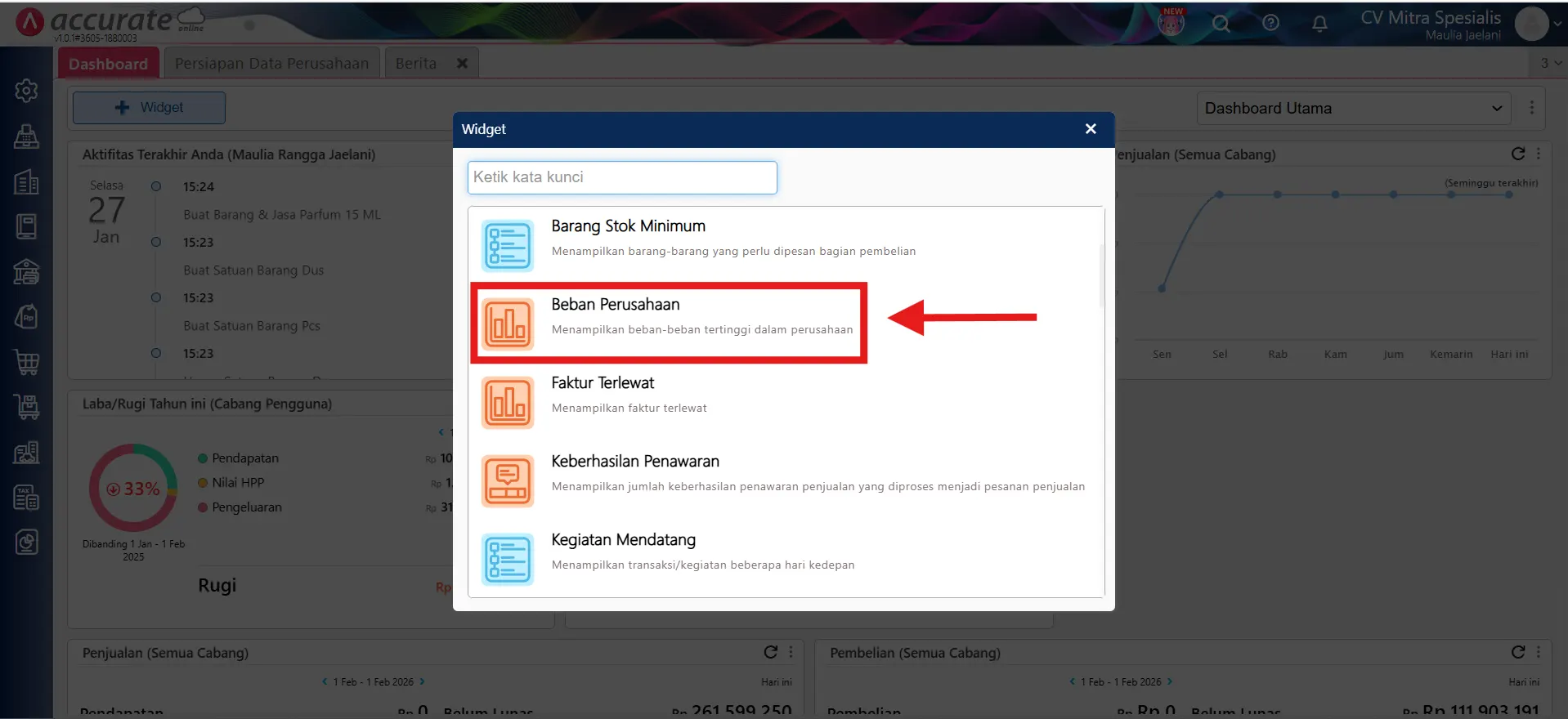 menampilkan dan mengatur widget beban