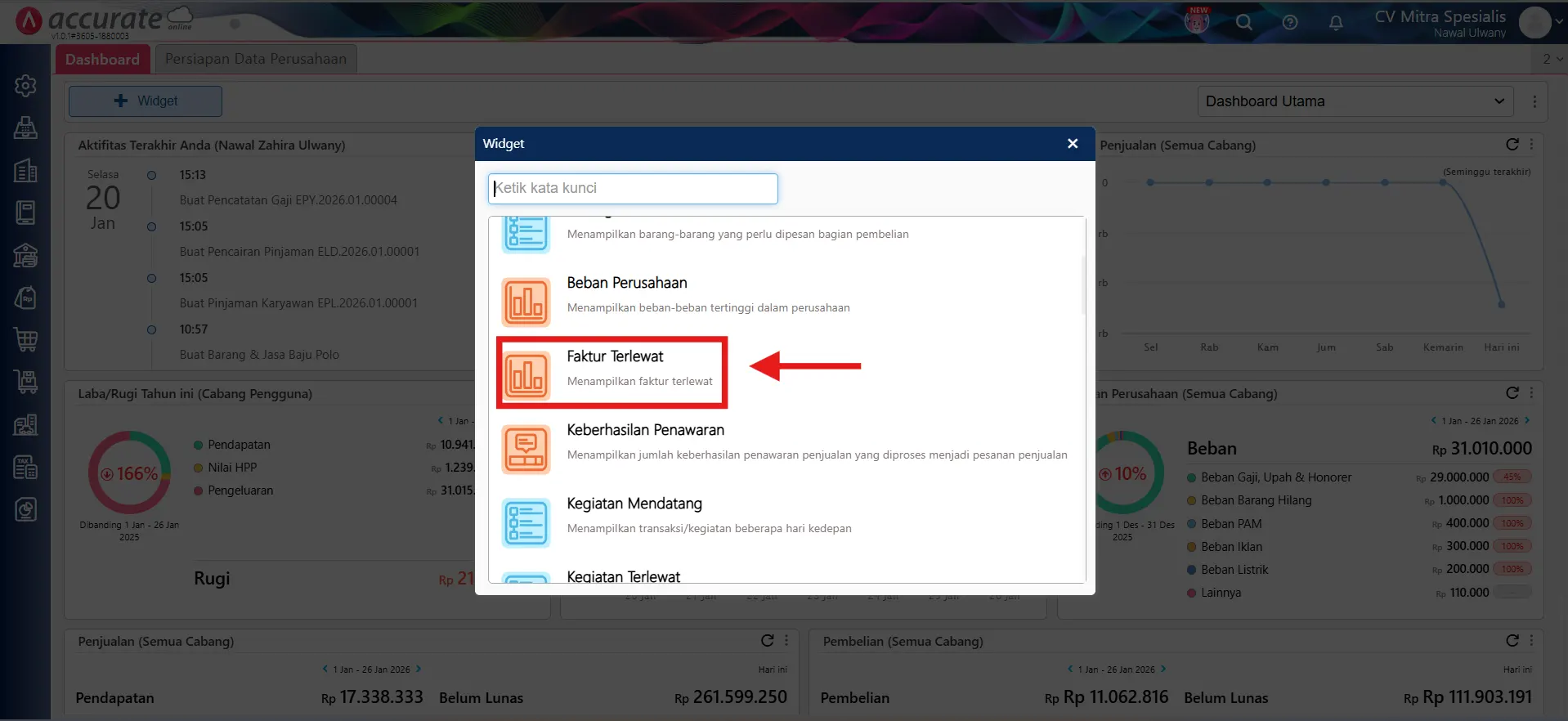 menampilkan widget faktur terlewat