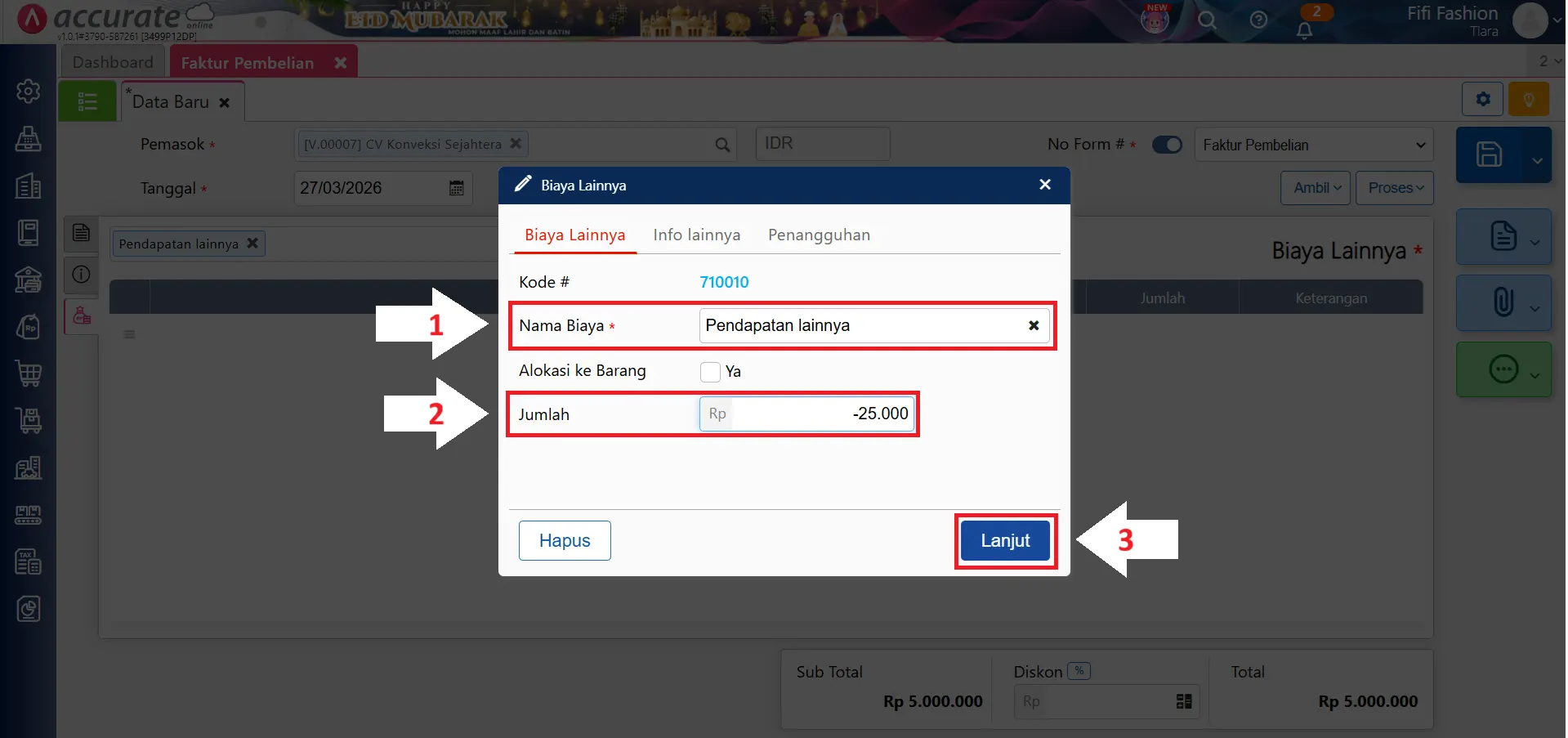 biaya minus untuk kurangi nilai faktur