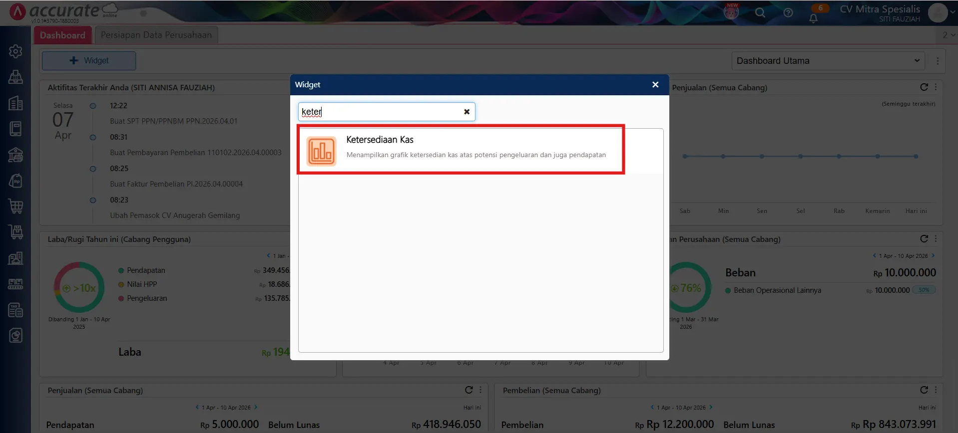widget ketersediaan kas