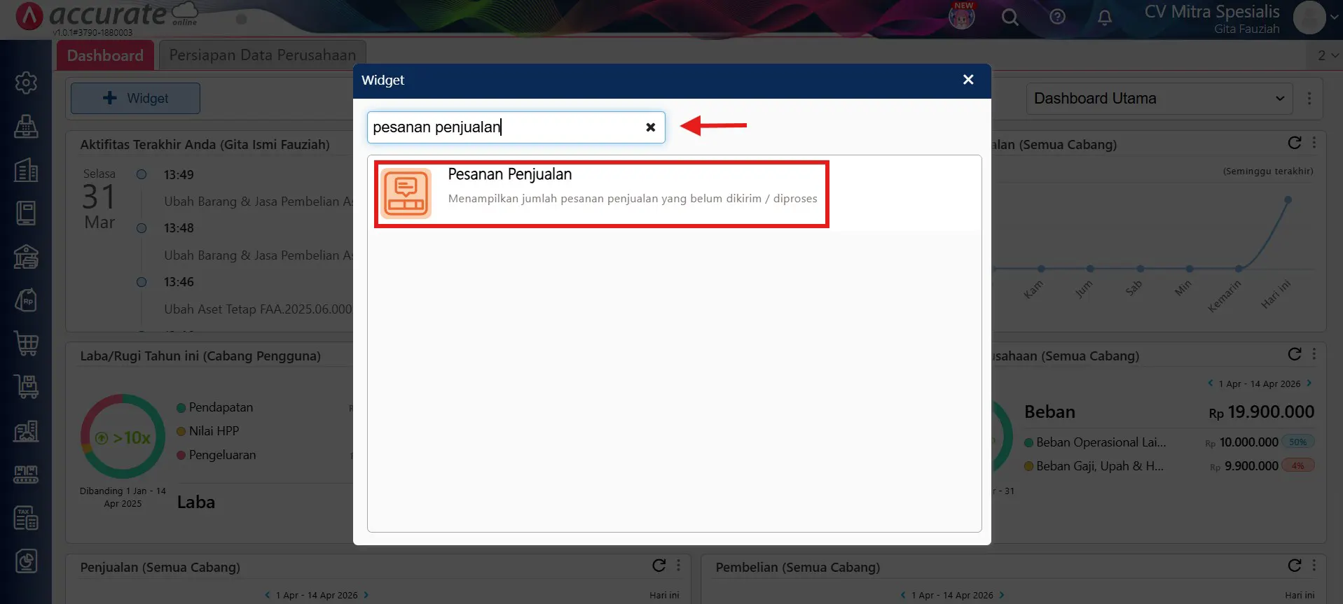 widget pesanan penjualan