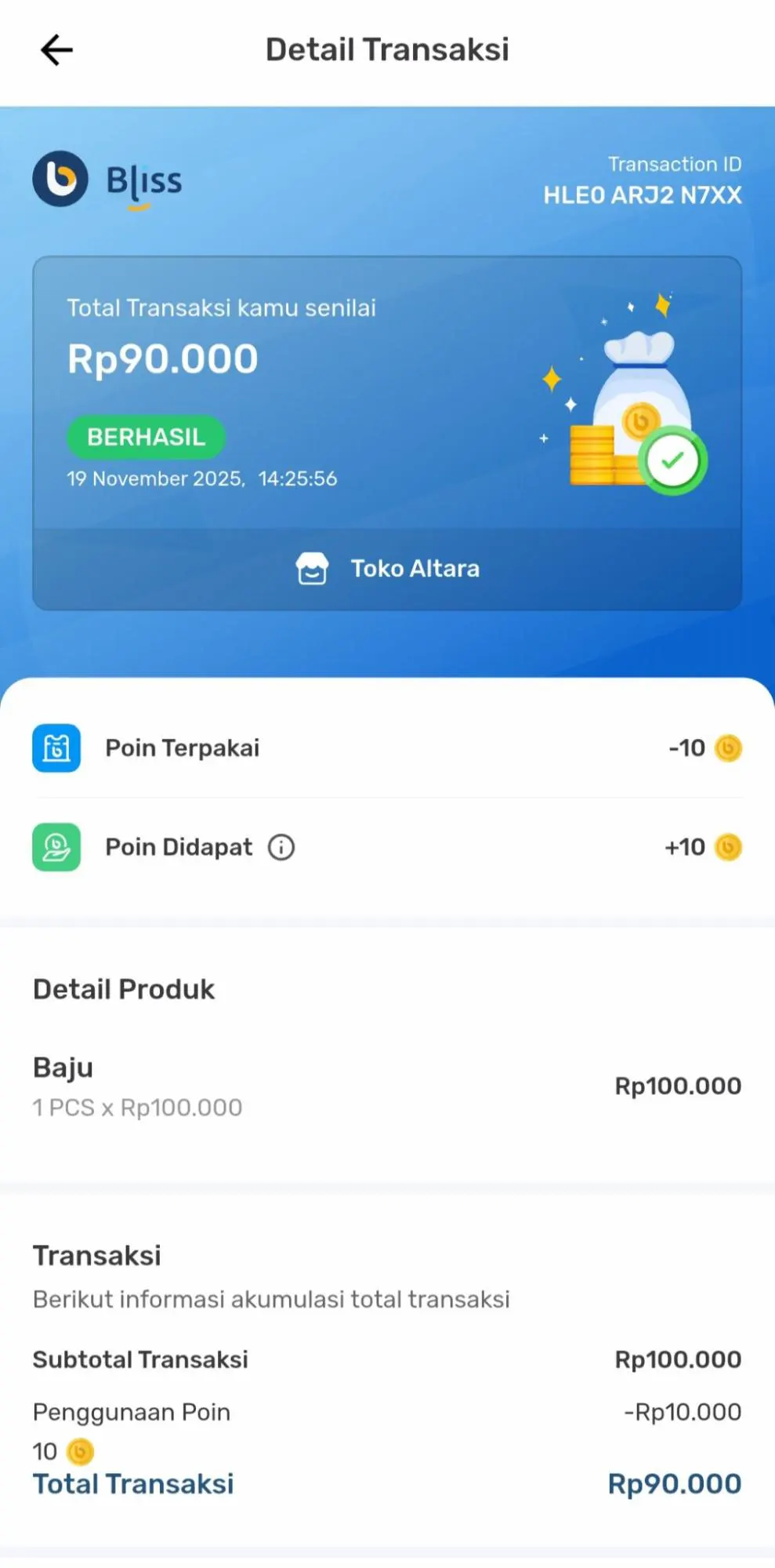 melihat riwayat transaksi Bliss Customer