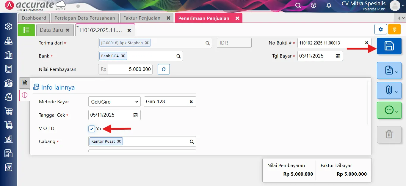 void penerimaan cek/giro kosong