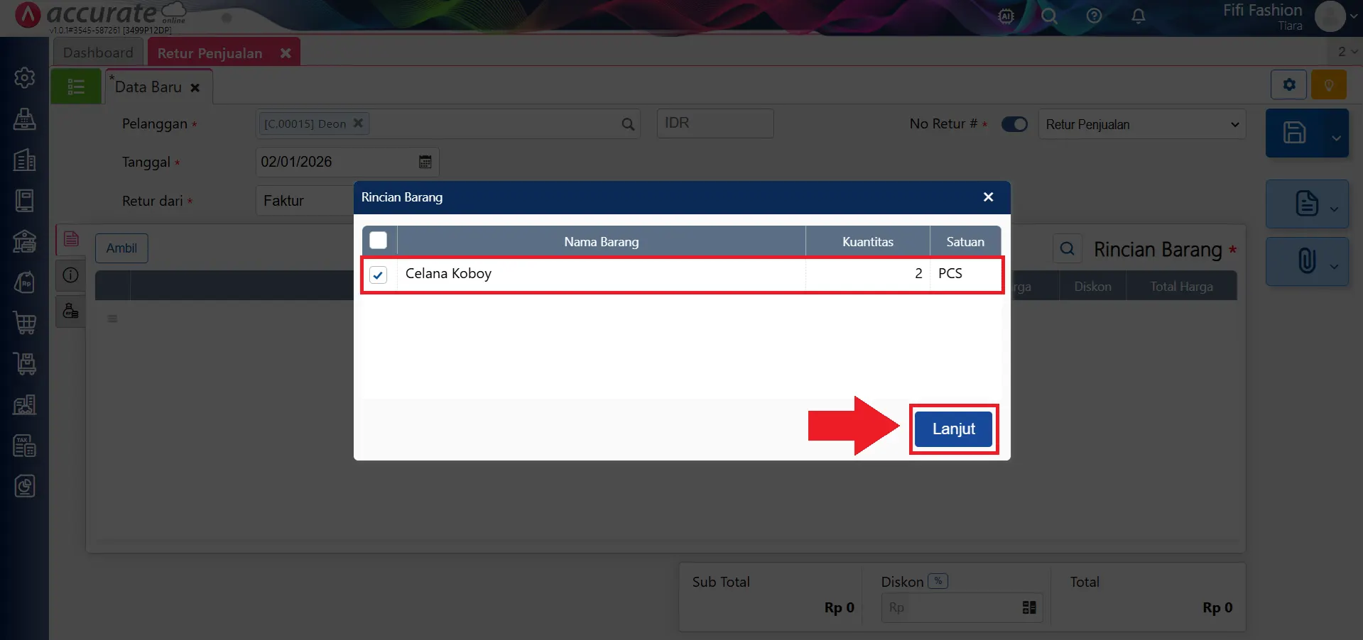 Cara membuat retur penjualan sebagian dari faktur