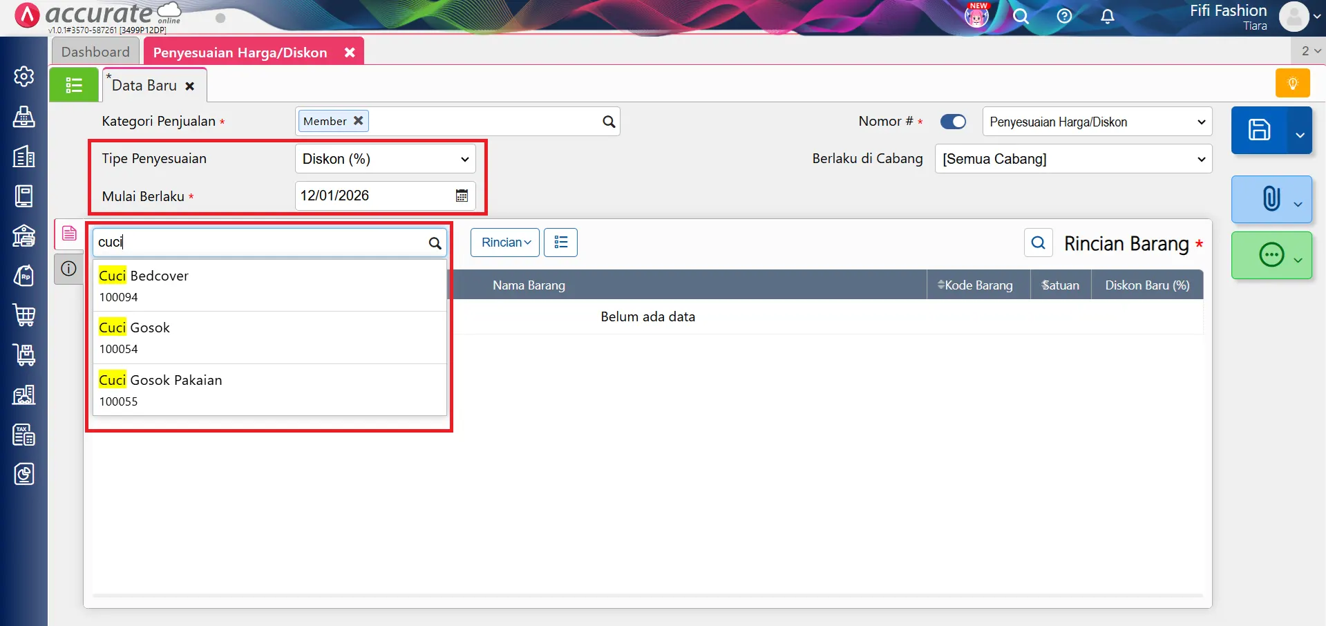 Fitur penyesuaian harga diskon