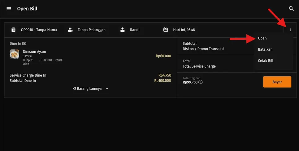 perubahan pesanan open bill KDS