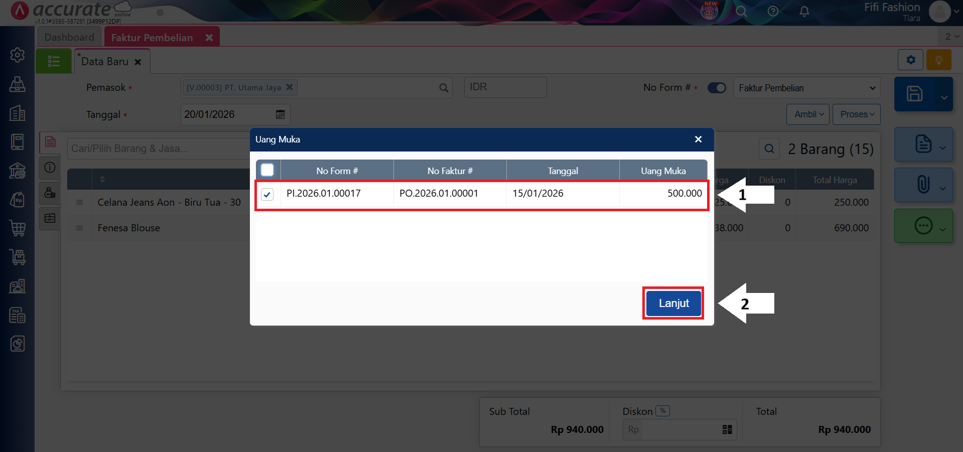 memotong faktur pembelian dengan uang muka