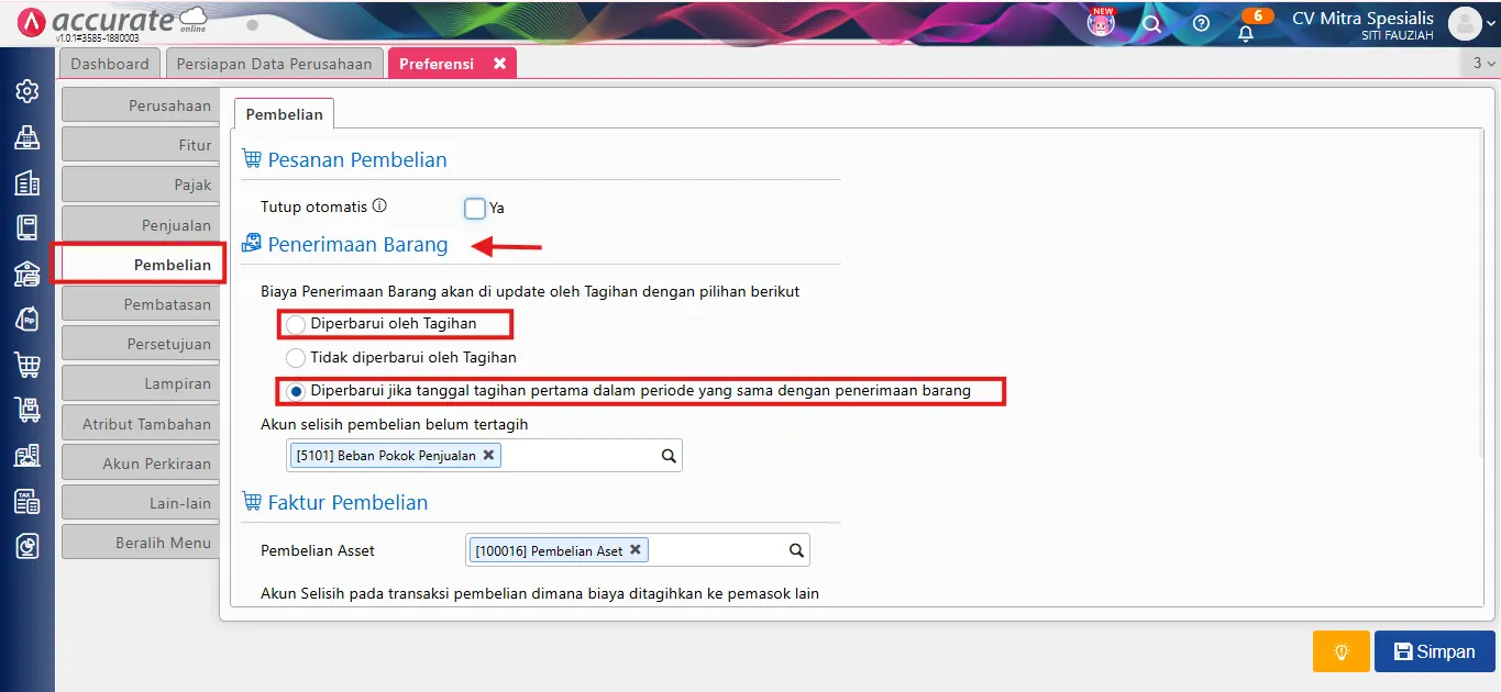 error biaya penerimaan barang