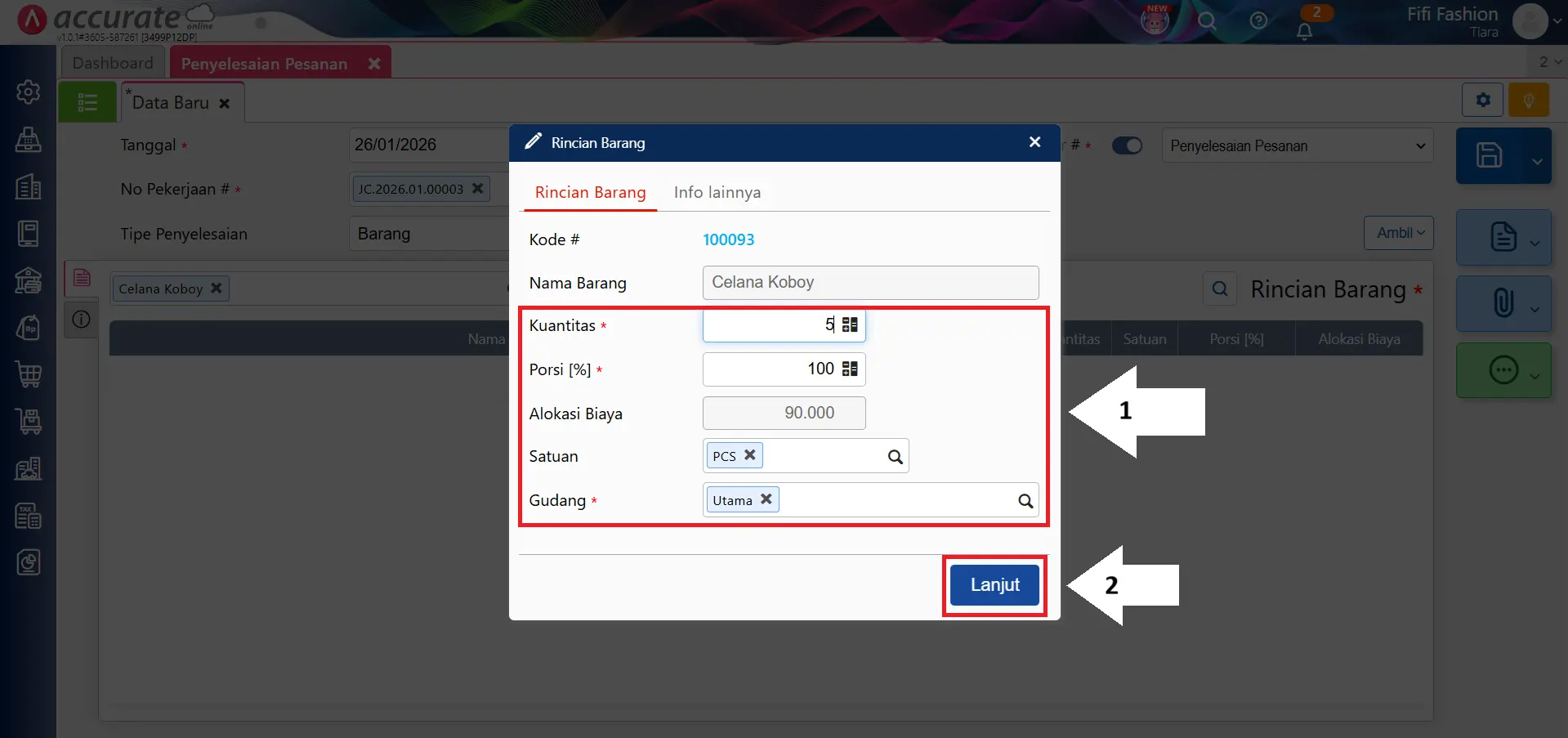 penyelesaian pesanan ke barang