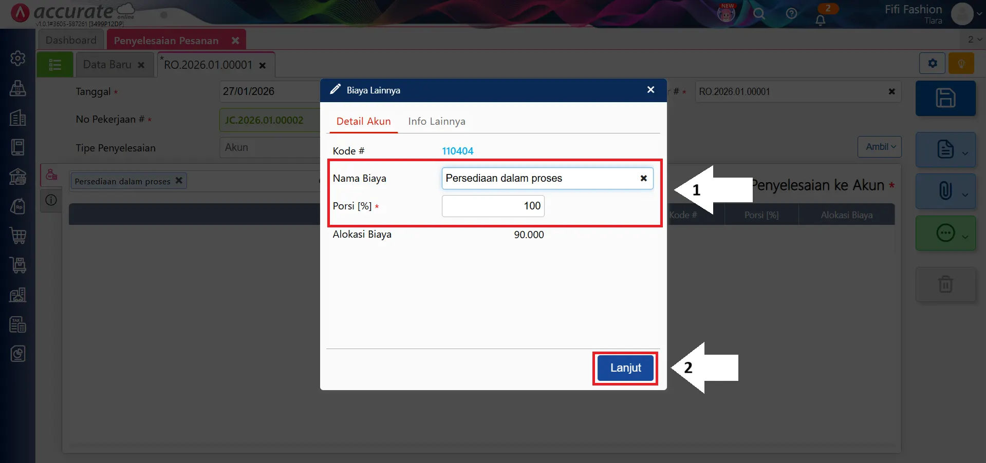 penyelesaian pesanan ke akun