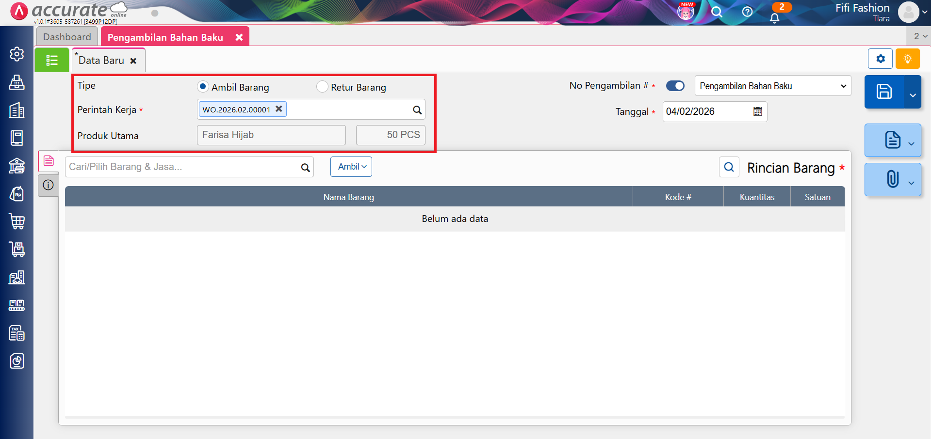 mencatat pengambilan bahan baku