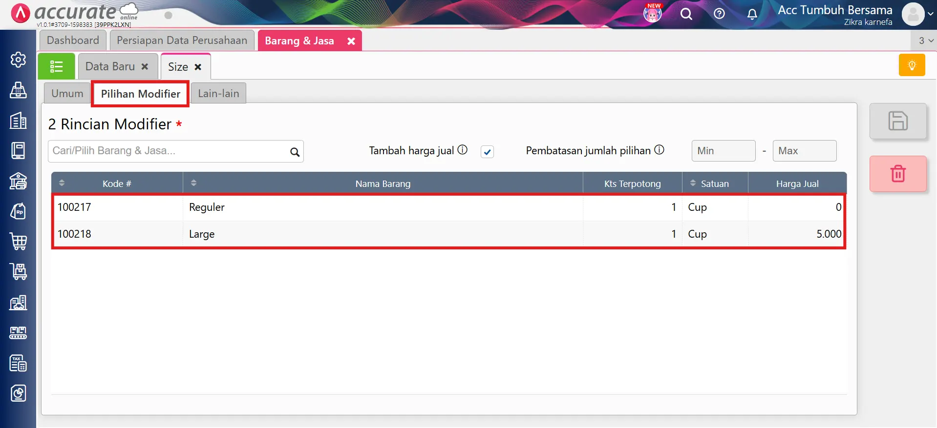 menampilkan rincian modifier