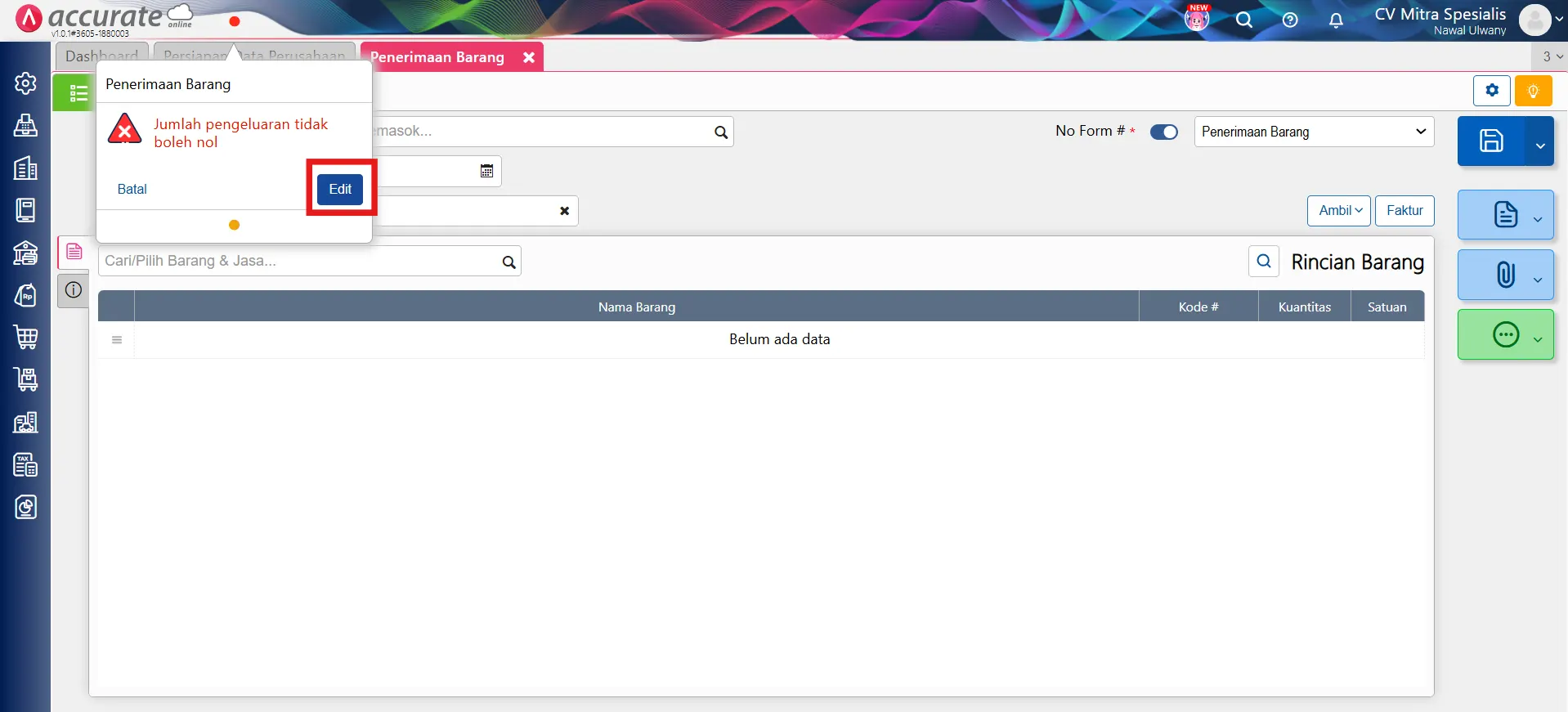 mengatasi error pengeluaran nol aset tetap