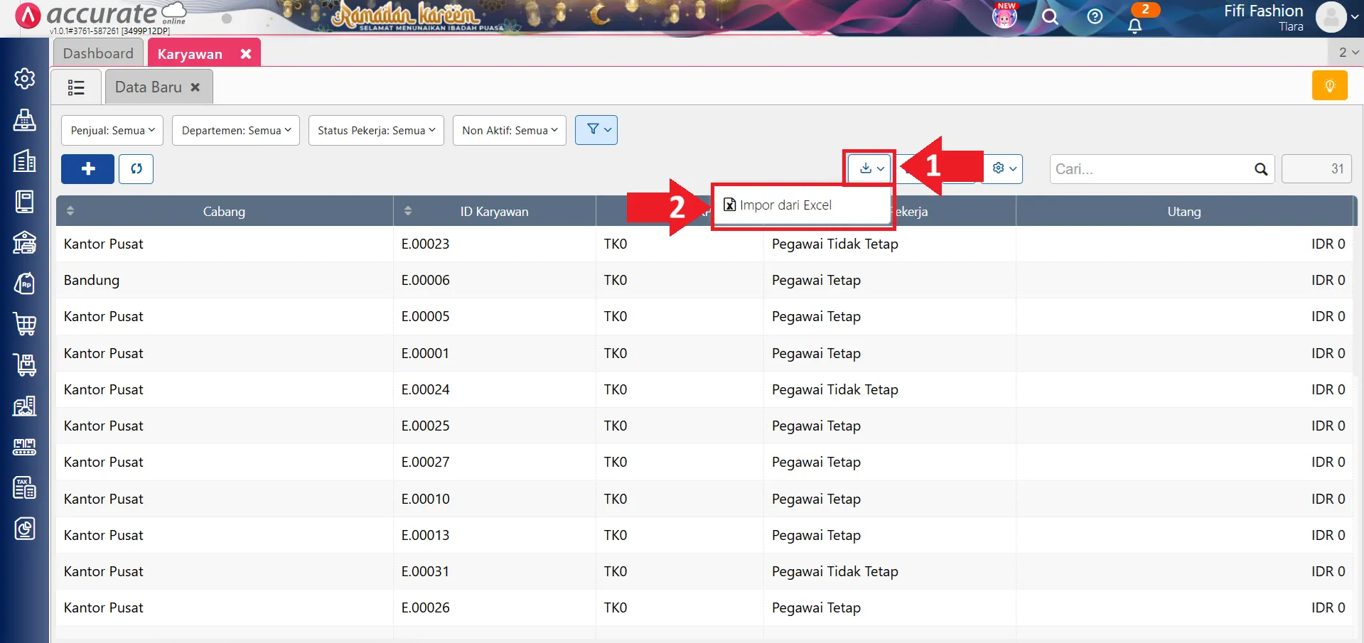 mengimpor daftar karyawan excel/CSV