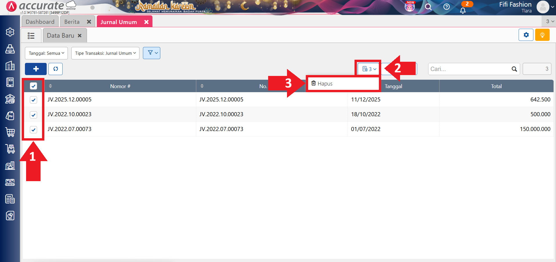 hapus pencatatan Beban secara massal