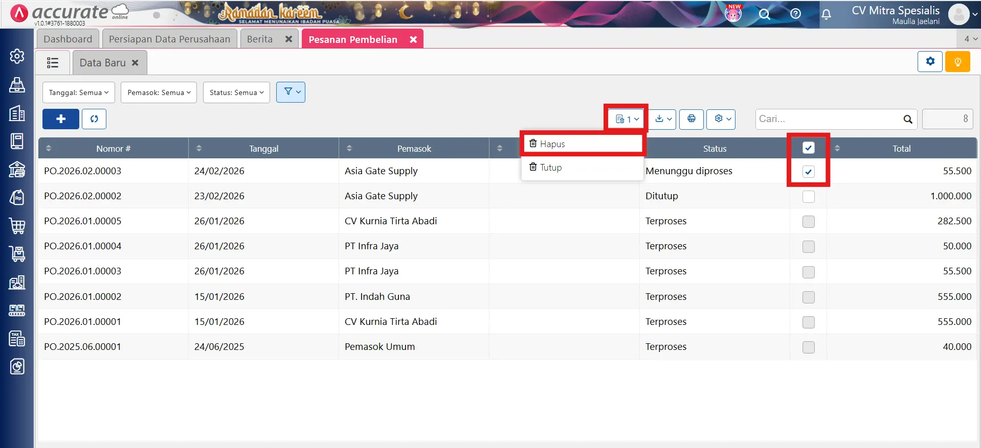 hapus pesanan pembelian secara massal