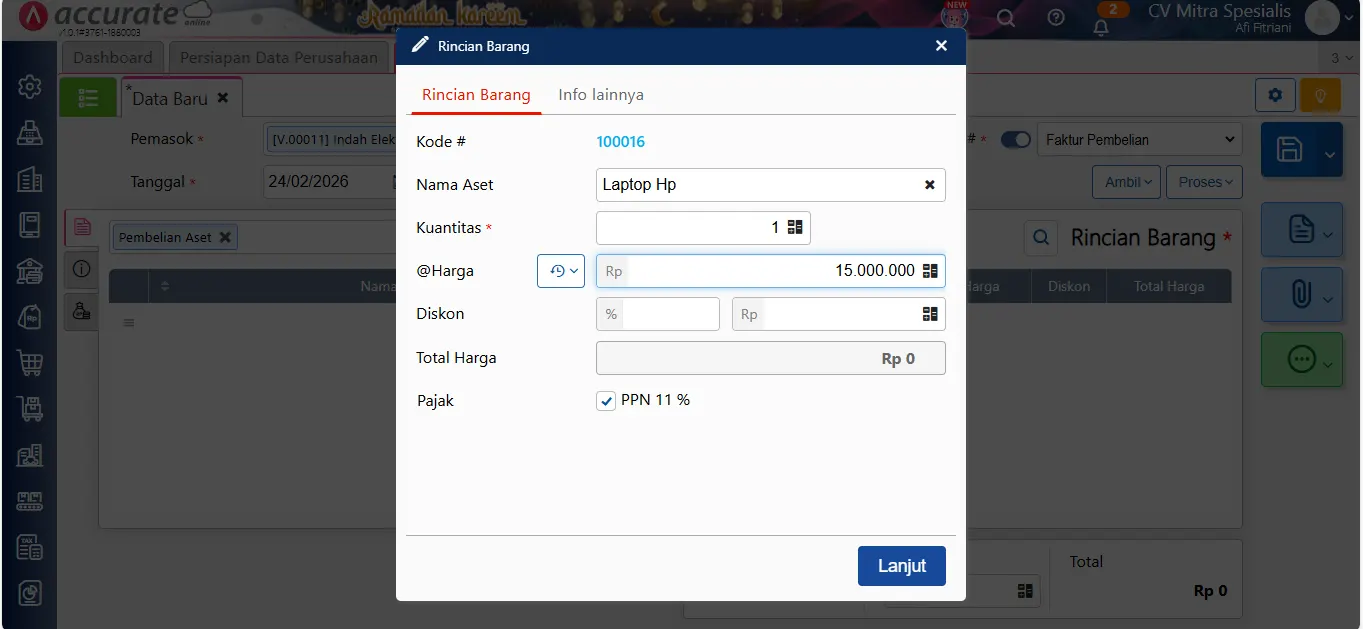 catat pembelian aset tetap dengan biaya tambahan