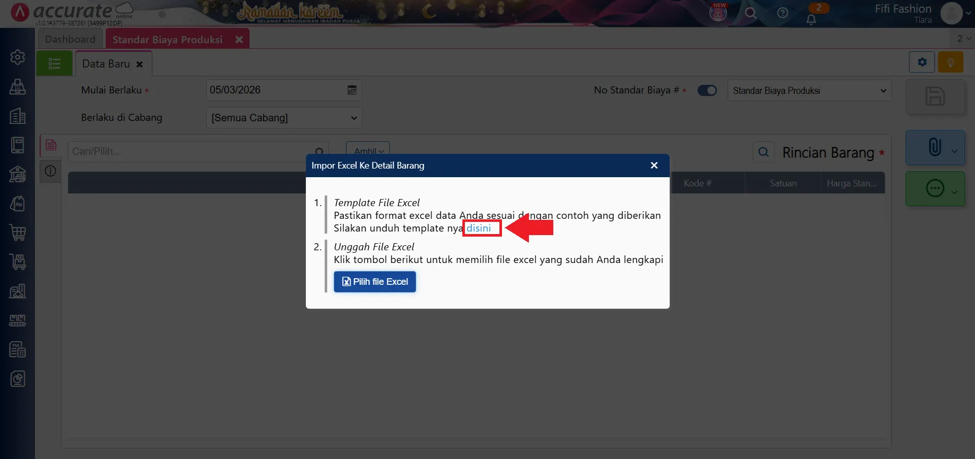 impor standar biaya produksi dari Excel