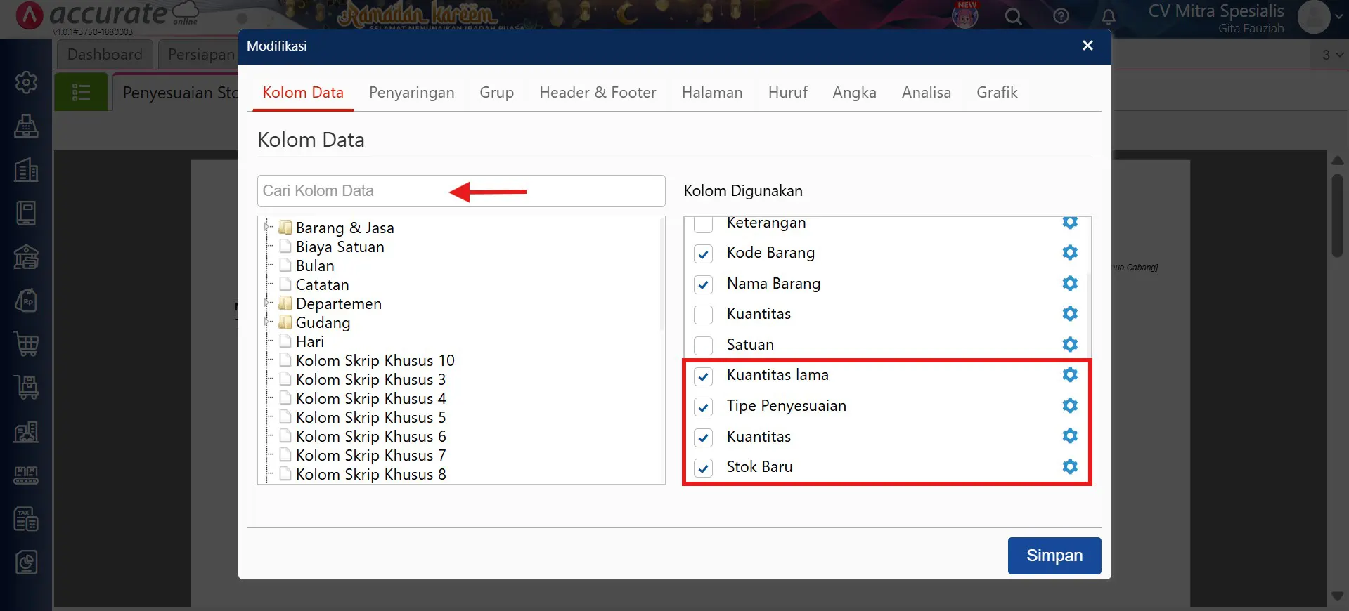 Menampilkan laporan penyesuaian stok dengan kuantitas