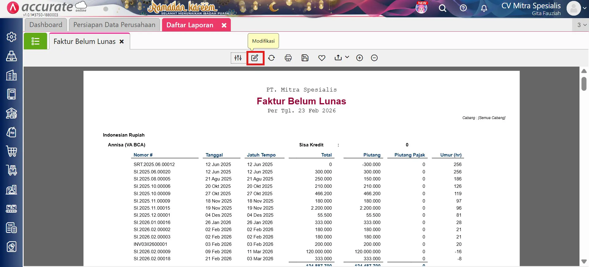 menampilkan umur piutang tukar faktur di faktur belum lunas