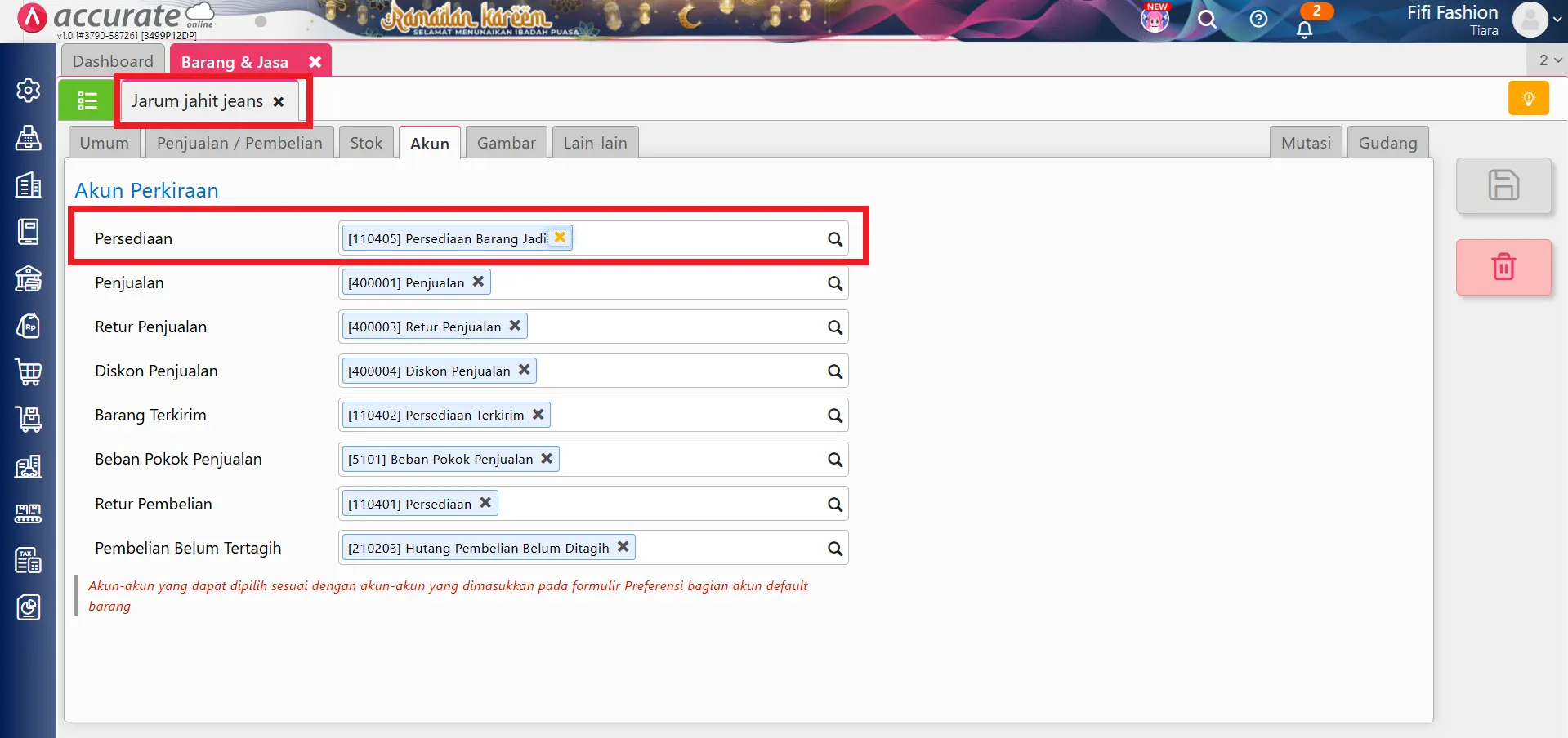 error akun saat pengambilan bahan baku