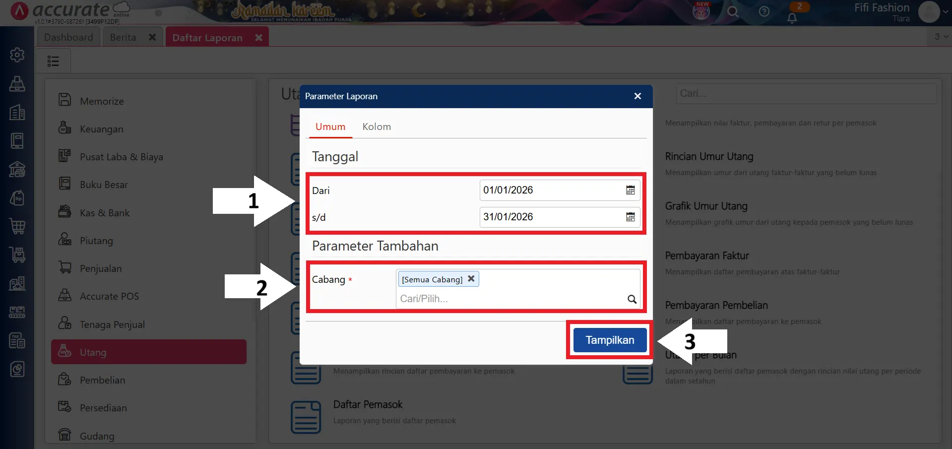 rentang hari bayar di laporan pembelian