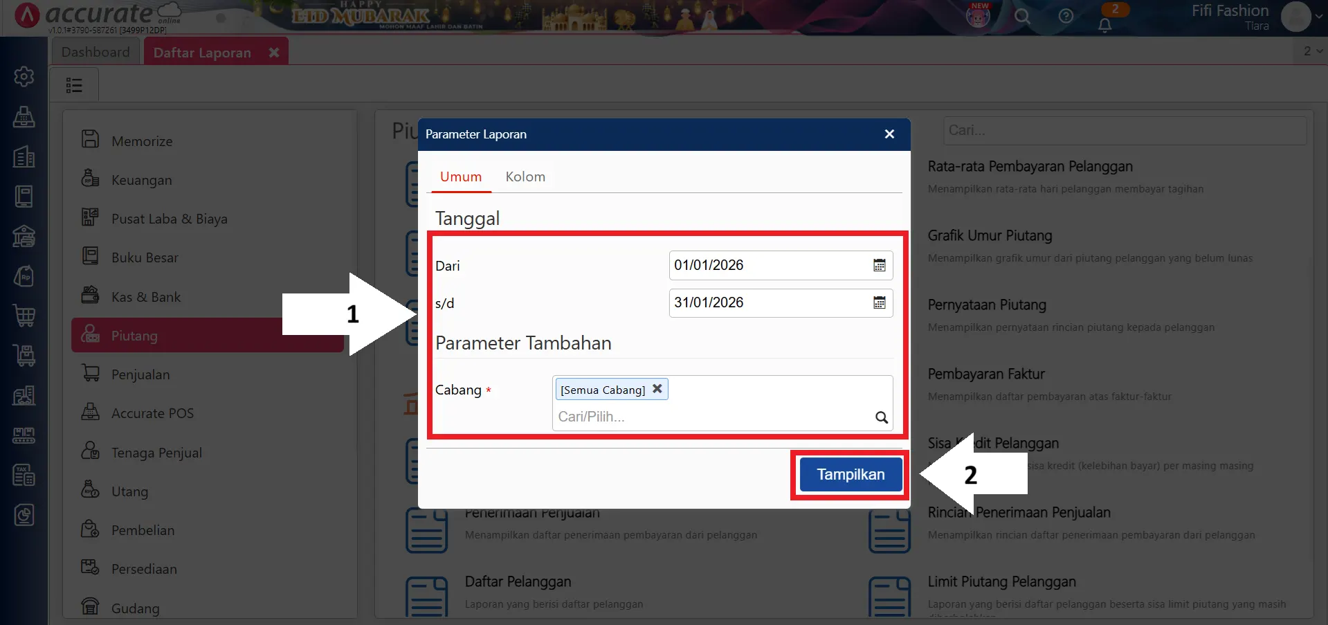menampilkan laporan rincian piutang kepada pelanggan