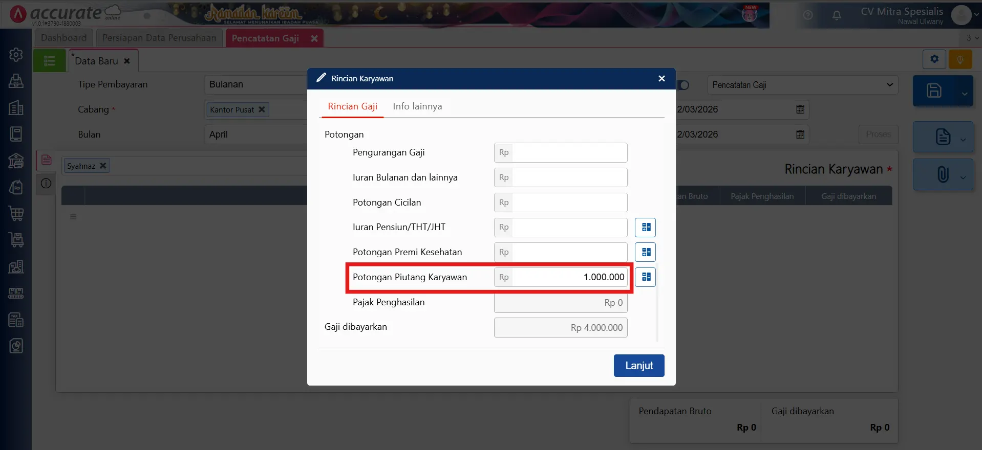 angsuran pinjaman karyawan lewat pencatatan gaji