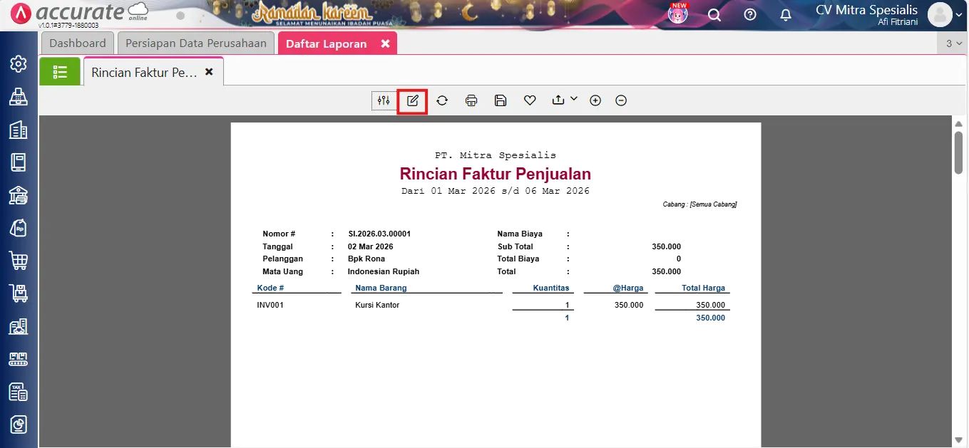Menampilkan piutang penjualan per departemen