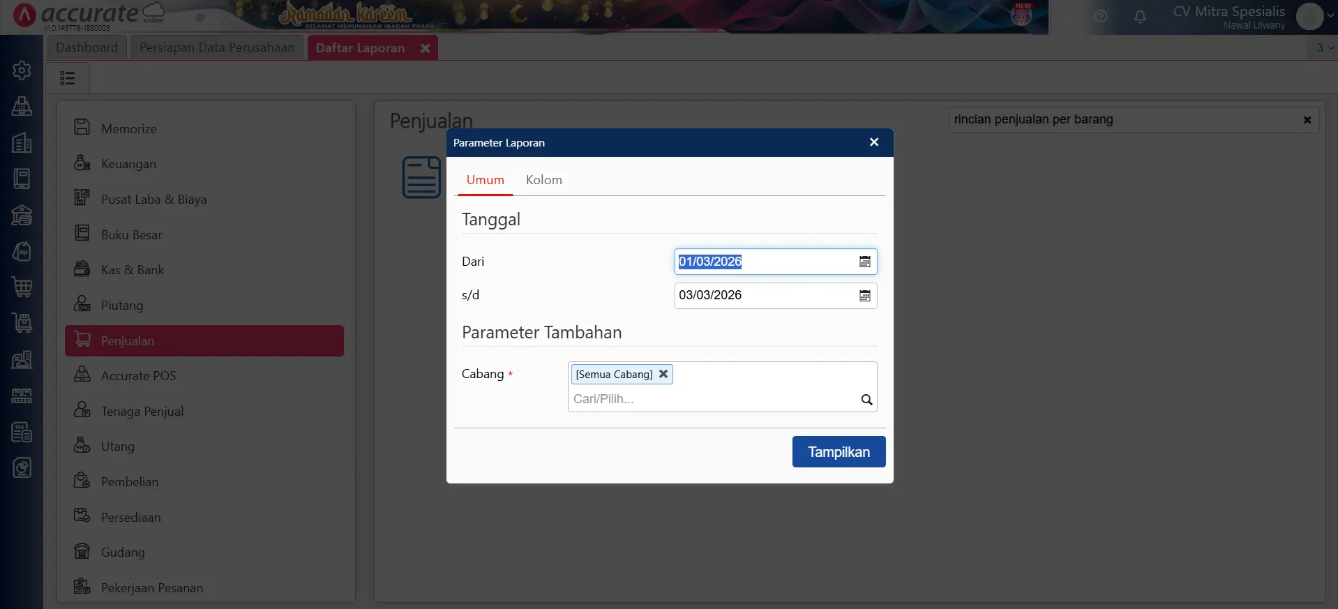 Menampilkan piutang penjualan per departemen