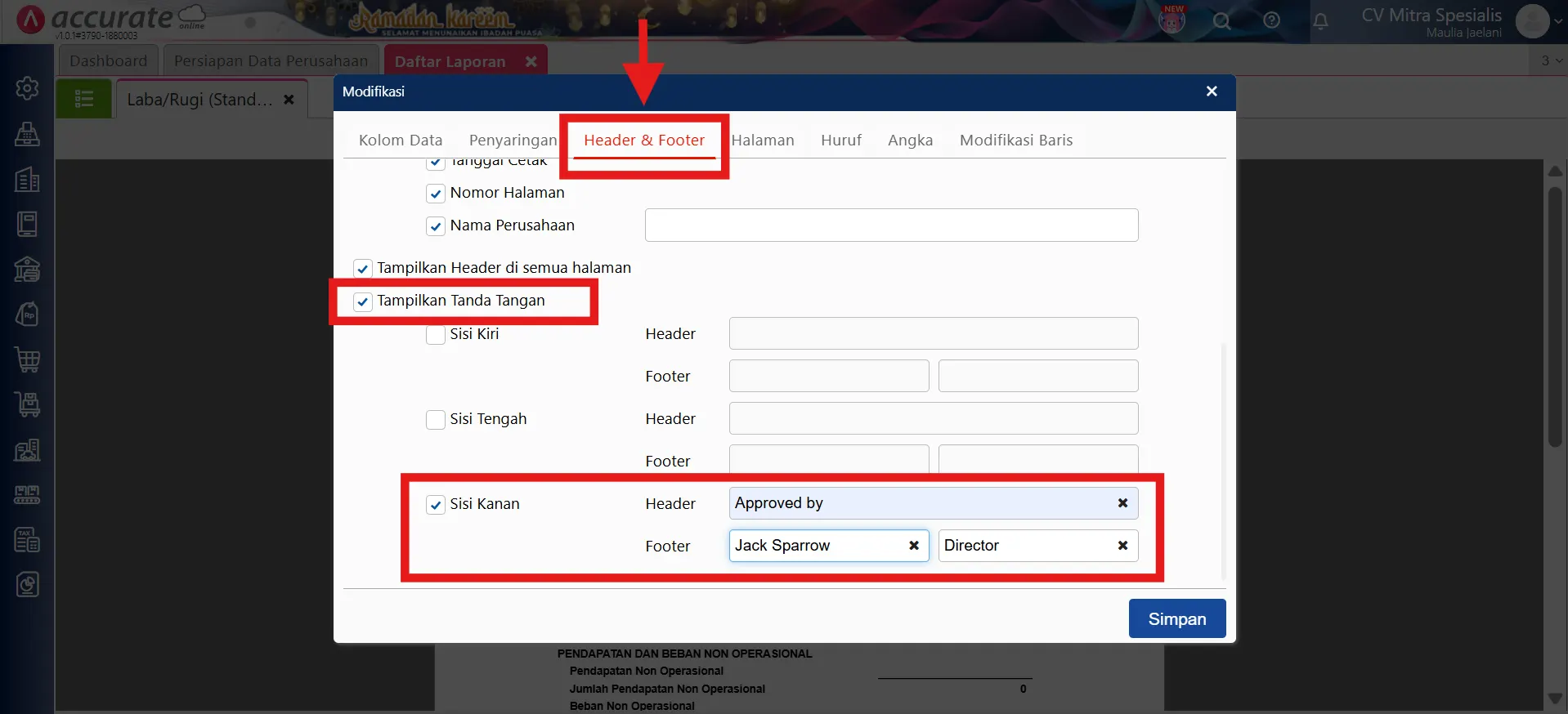 menampilkan kolom tanda tangan di laporan