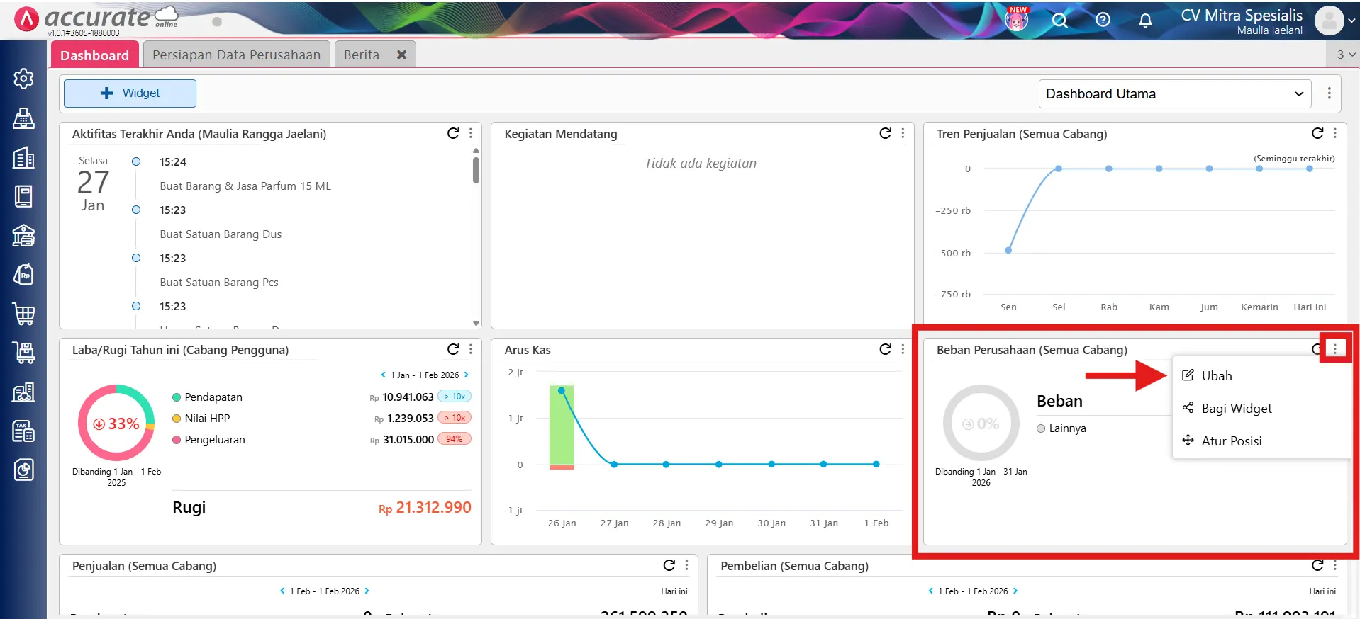 menampilkan dan mengatur widget beban