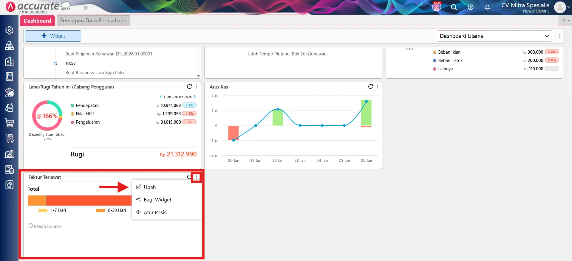 menampilkan widget faktur terlewat