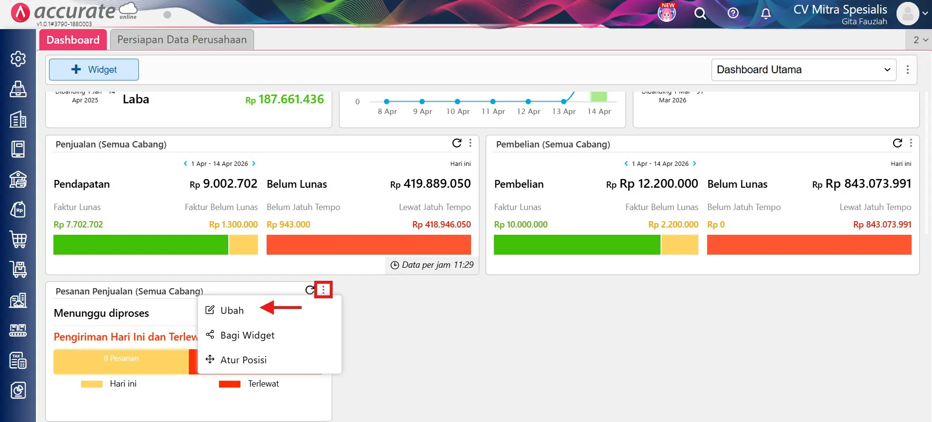 widget pesanan penjualan