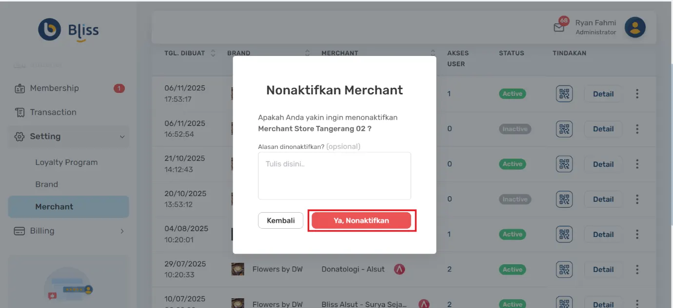 Cara menonaktifkan merchant