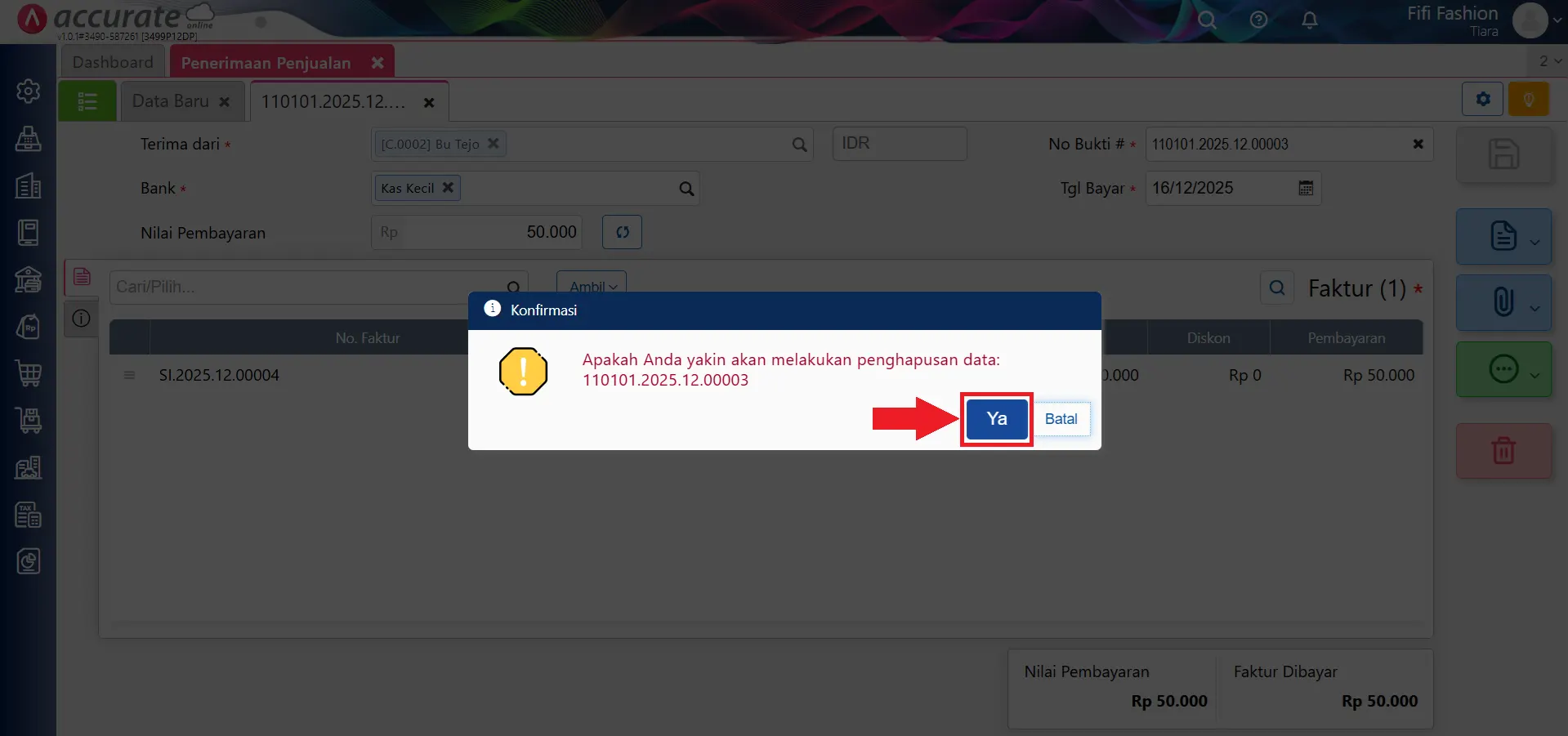 menghapus penerimaan penjualan
