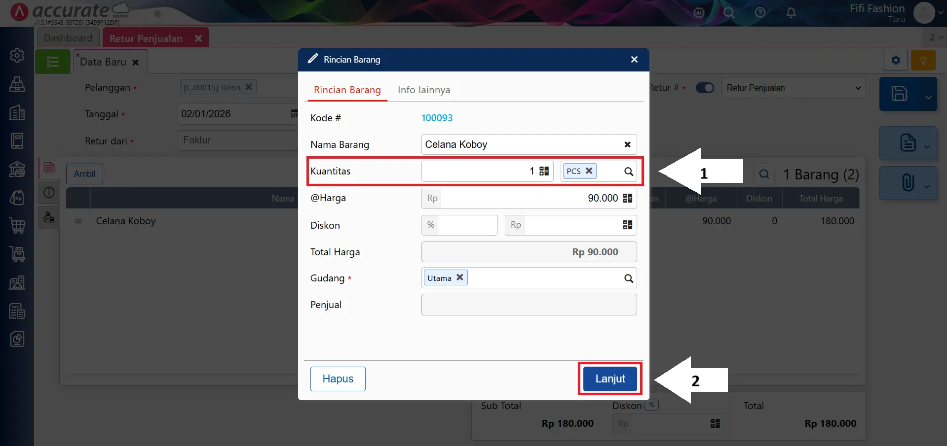 Cara membuat retur penjualan sebagian dari faktur