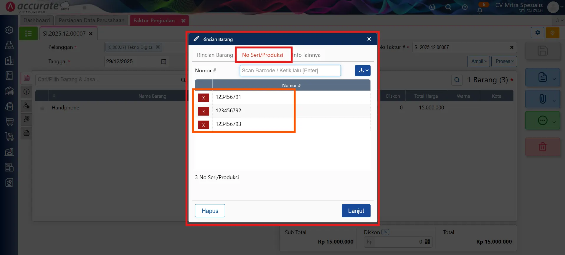 Cara mengatasi error nomor seri retur penjualan