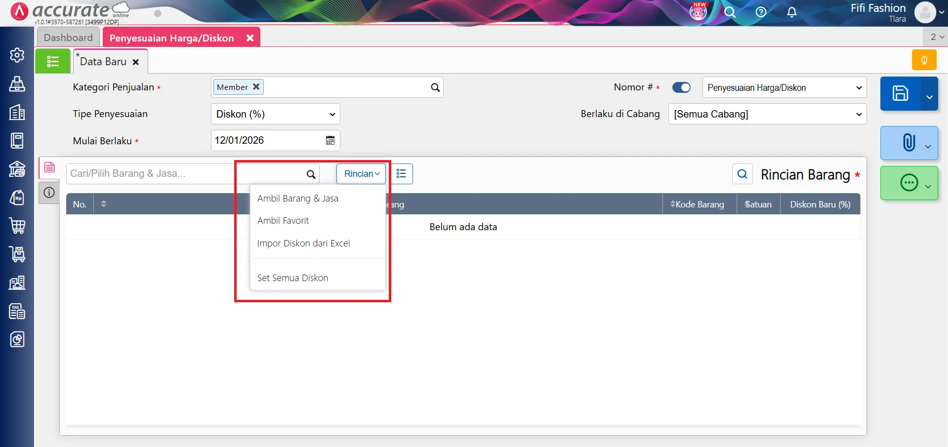 Fitur penyesuaian harga diskon