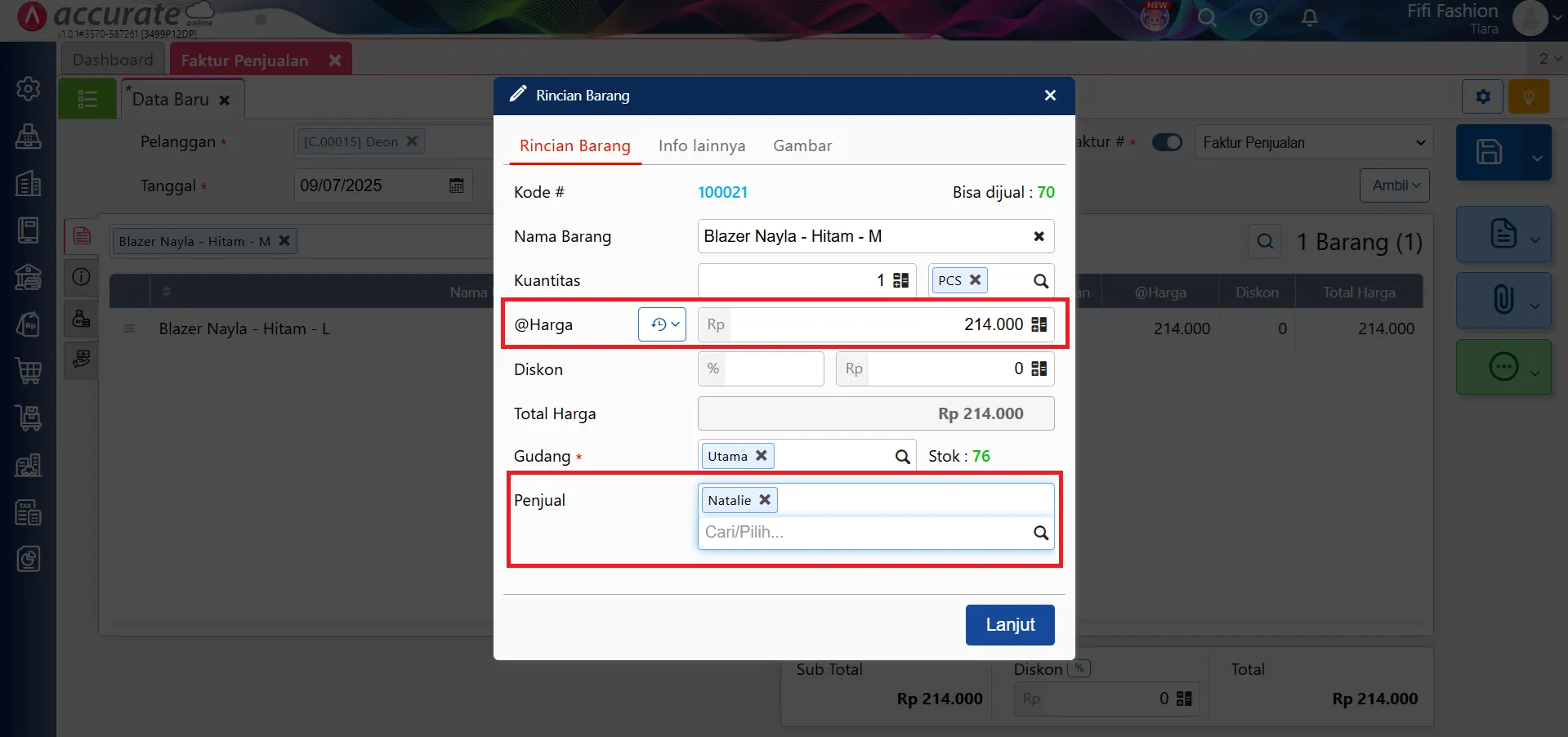 komisi nilai tetap per faktur