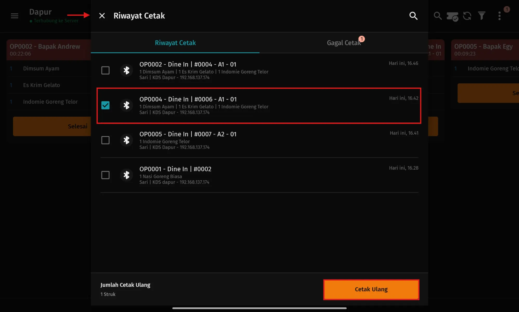 cetak tiket pesanan KDS