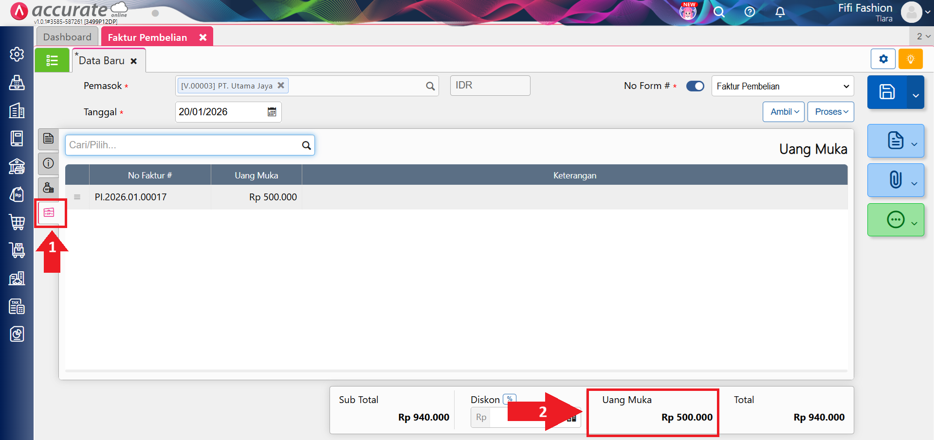 memotong faktur pembelian dengan uang muka
