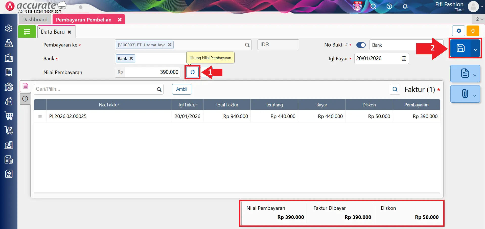 input pembayaran pembelian dengan diskon