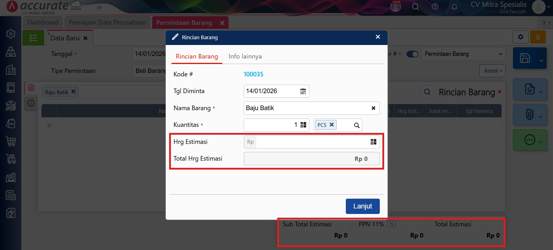 harga estimasi permintaan barang